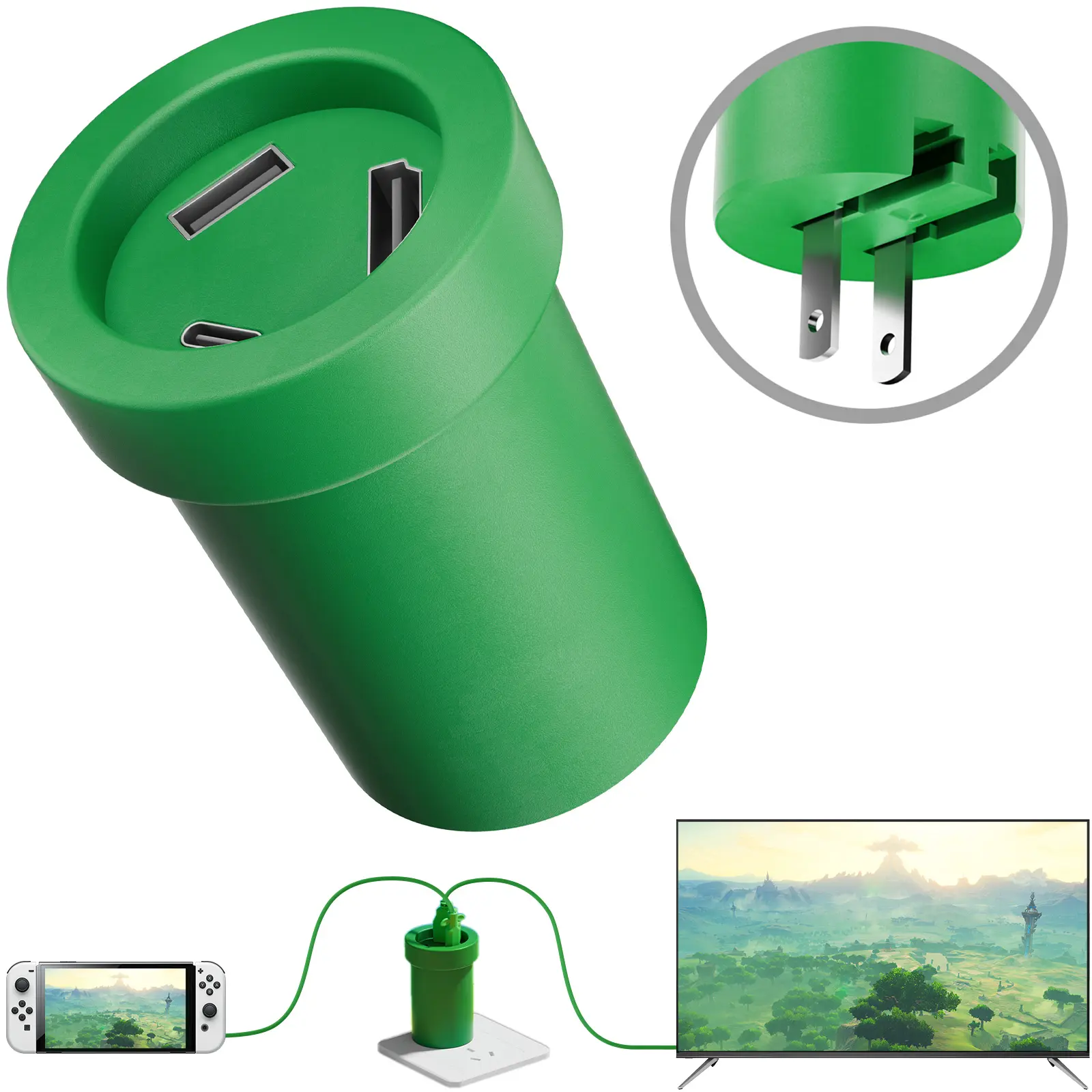 POWKONG Portable 65W GaN Switch Charging Dock&Hub Compatible with Nintendo Switch OLED/Switch, Swith Docking Station for TV with 4K 60Hz HDMI/USB-C PD Fast Charging/USB 2.0, Green