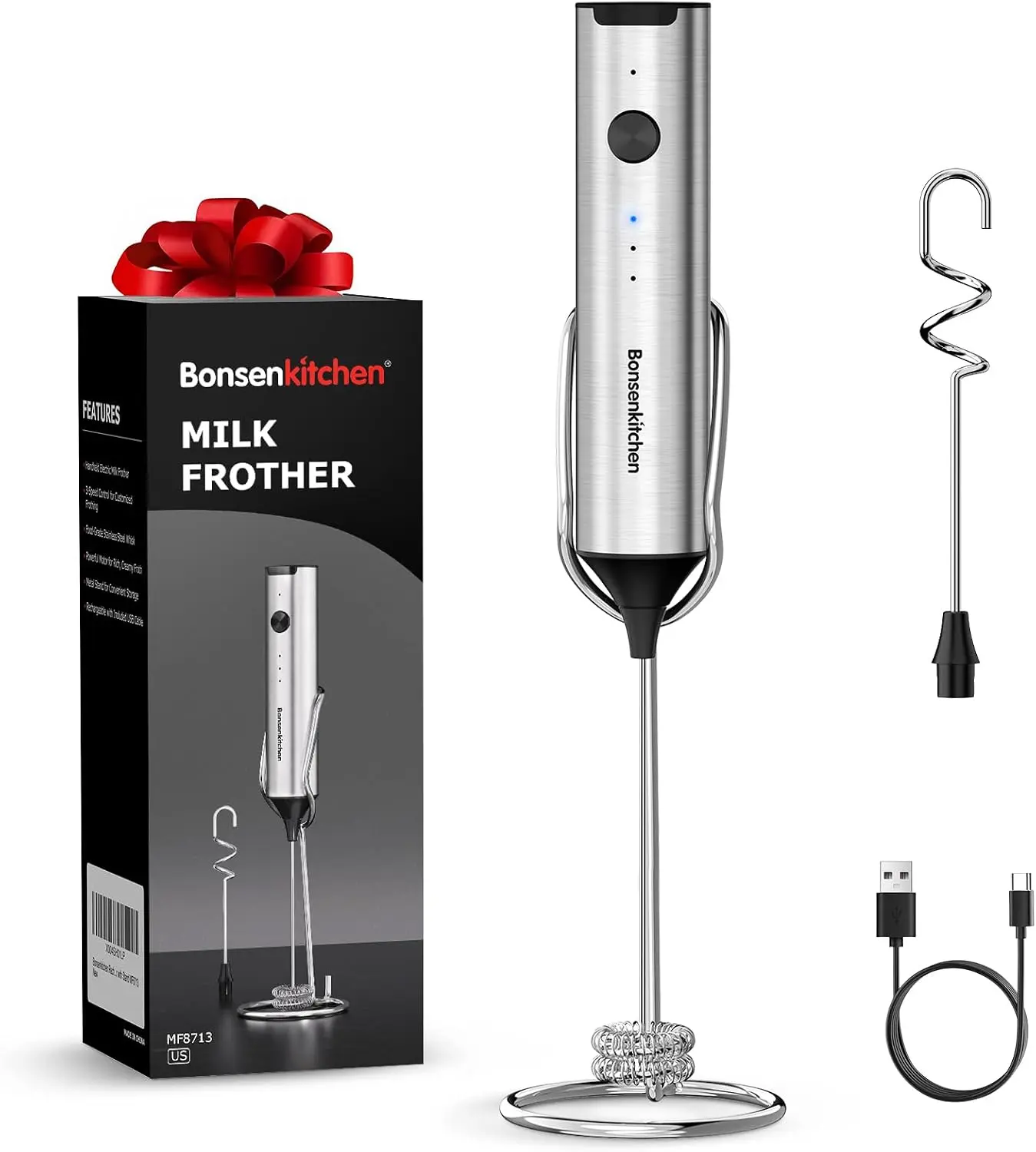 Rechargeable Milk Frother with Stand, 3-Speed Handheld Coffee | Dual Spring Whisk Electric Hand Frother Wand Drink Mixer for Lattes Cappuccino Protein, Kitchen Gifts