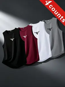 4-Pack Summer Quick-Dry Breathable Sports Tank Tops, Bull Head Print, Sleeveless Fitness Shirts, Comfortable Skin-Friendly, All-Season Wear, Sports Vests, Sportswear Tank Top, Sporty Tank Top, Training Tank