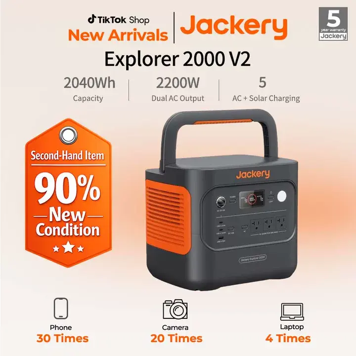 [Second-hand item in 90% new condition]Jackery Explorer 2000 v2 Portable Power Station, 2042Wh LiFePO4 Home Backup Battery, 2200W Solar Generator, USB-C PD 100W Fast Charging for Emergencies, Power Outages, Camping