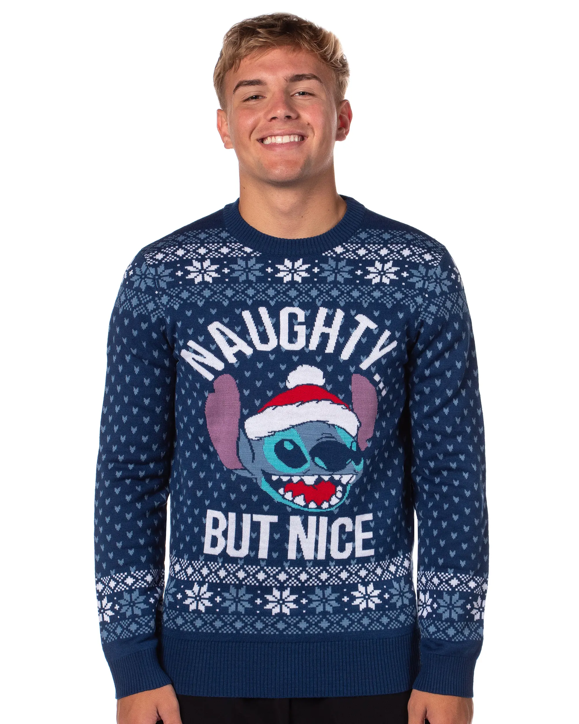 Disney Lilo And Stitch Men's Naughty But Nice Ugly Christmas Holiday Knit Sweater Pullover