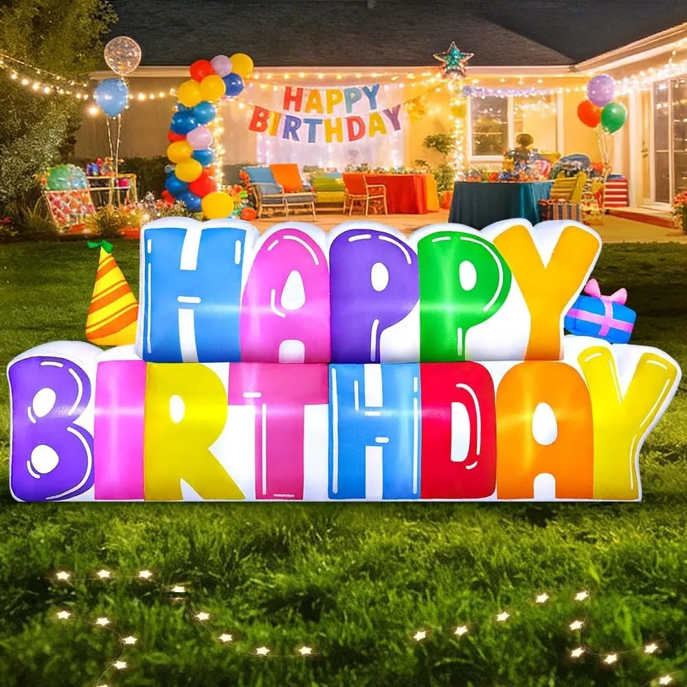 8FT Inflatable Happy Birthday Banner Decorations Blow up Outdoor Yard Decor, Built-in LED Lights for Holiday Party Garden Lawn Indoor Home Celebration