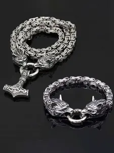 Men's Summer Edgy Punk Style Chunky Stainless Steel Chain Design Bracelet & Pendant Necklace, Wolf Head Pendant Necklace & Bracelet, Fashionable Vintage Jewelry Set for Party Decoration