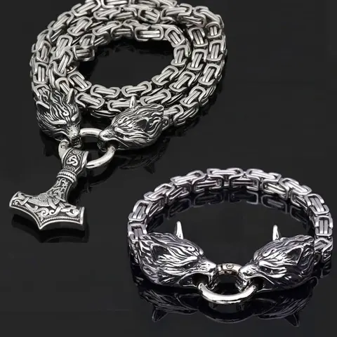 2-Piece Vintage Wolf Head Necklace and Bracelet Set, Stainless Steel Punk Chain Jewelry Set, with Nordic Hammer Pendant, Punk Style for Men and Women, Stylish Party Gift, Matching Jewelry Set