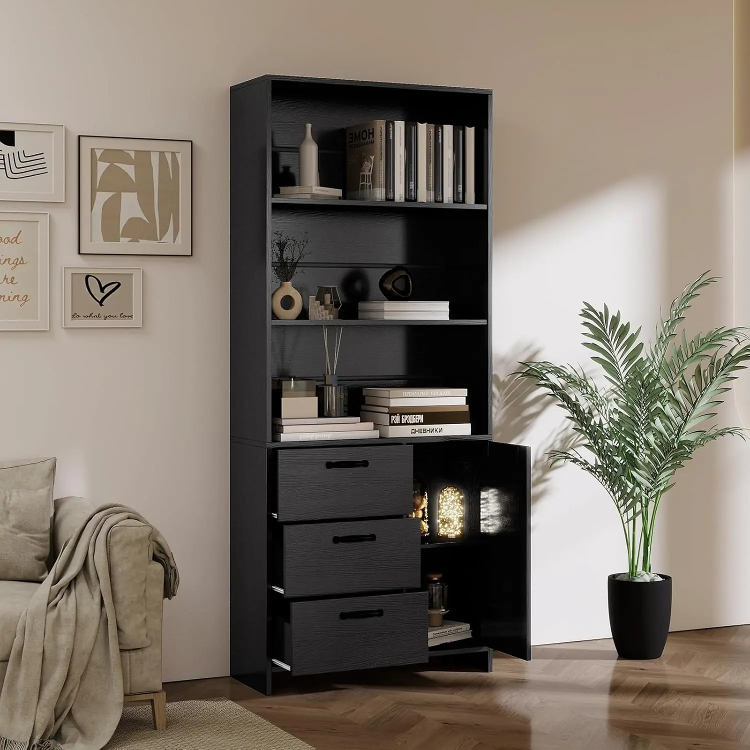 Bookshelf, 71" Tall Bookcase, Book Shelf with Doors and 3 Drawers, 3-Tier Bookshelves with Storage Cabinet for Home Office, Living Room, Study