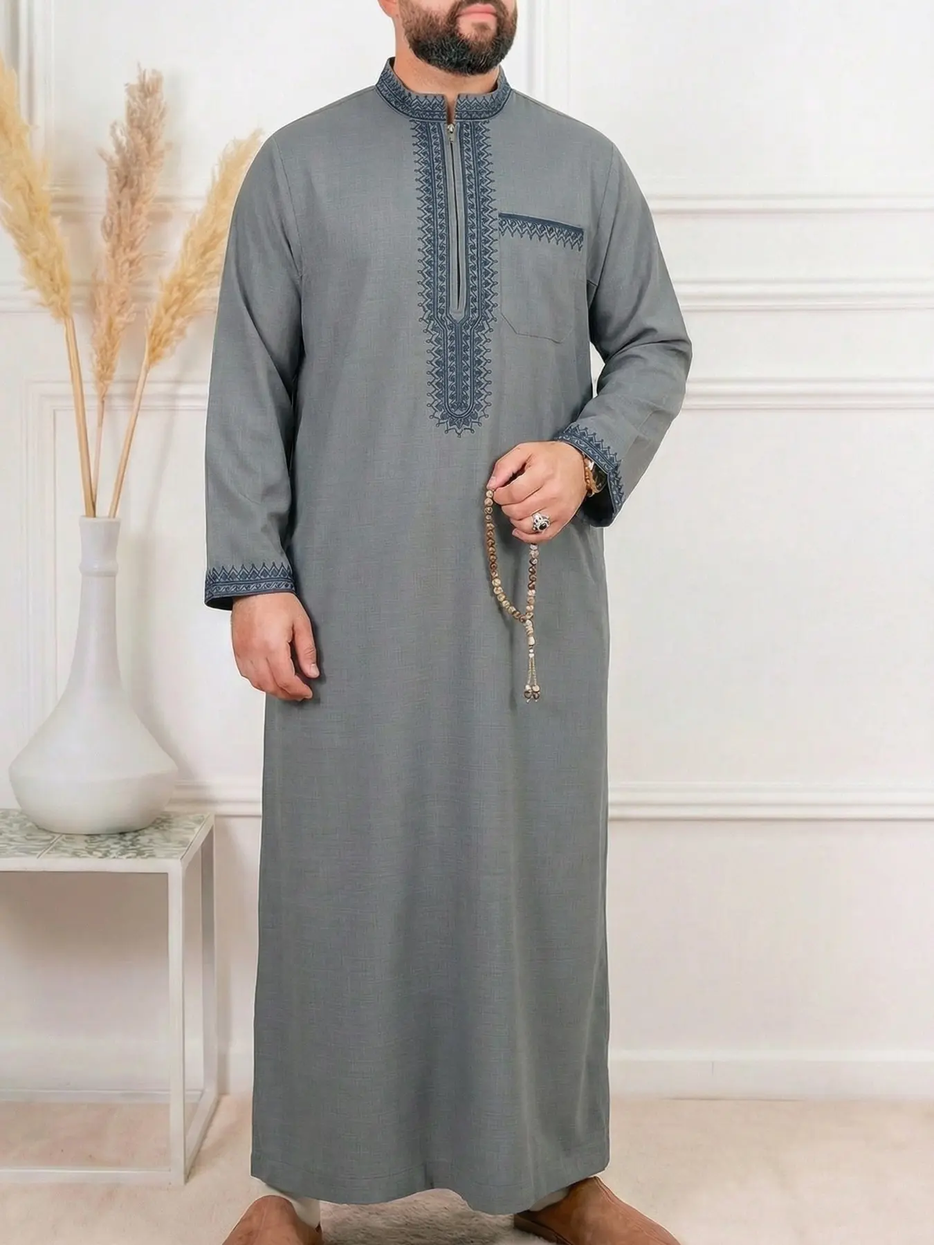Muslim Men's Thobe with Embroidered Stand Collar Zipper Design, Traditional Islamic Clothing for All Seasons, Holiday Party Gift, Modesty Thobe, Traditional Arabic Robe, Loose Fit Jubba, Collared Style Thobe