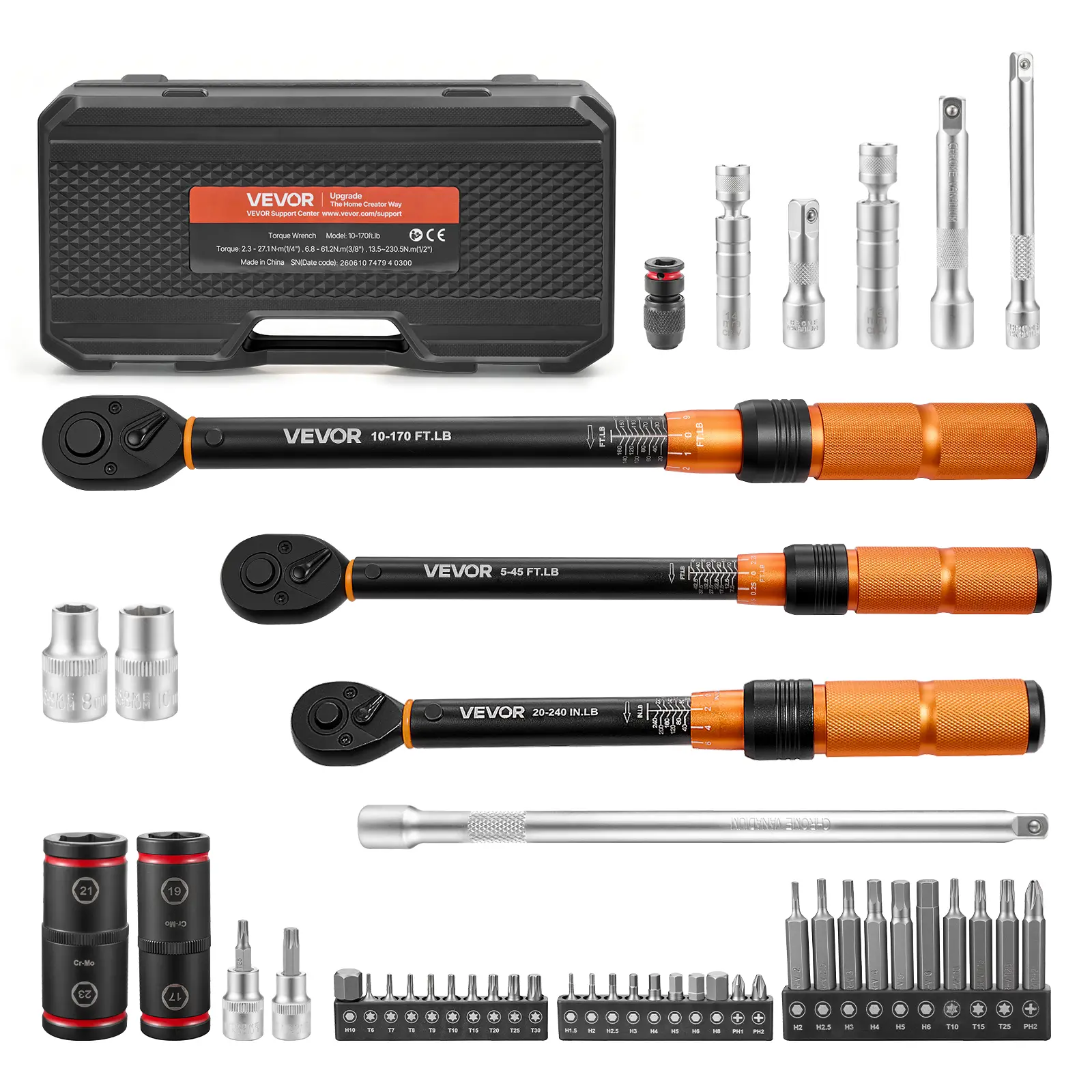 VEVOR 47-Piece Torque Wrench Set, 1/4"-3/8"-1/2" Drive 72-Tooth Ratchet, ±3% High Precision, High-Contrast Dual Scale Readings, with Spark Plug Sockets, Bits, Extension Bars, Storage Case, for Automotive, Bike, Motorcycle Repair, Precision Wrench Control,