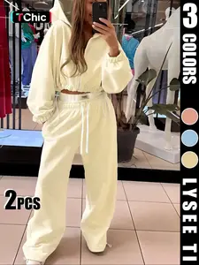 Women's Fashion Casual Sports Style Solid Color Adjustable Drawstring Waist Hoodie & Pants Set Outfit