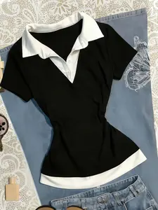 Women's Colorblock Polo Shirt, Long Sleeve Fitted Polo Neck Top, Plain Pattern, Casual Sweet Cute Versatile T-Shirt, Perfect for Everyday Wear, Casual Polo Shirts