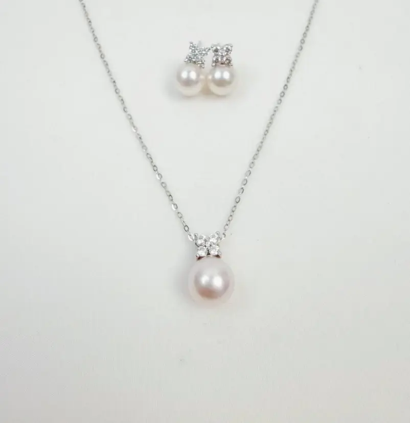 【Live】Seawater Pearl Akoya Pearl Jewelry Set Clover Design 7-9 mm Light Pink color Seatwaer Pearl Akoya Pearl Necklace+Earring S925-ASAS006