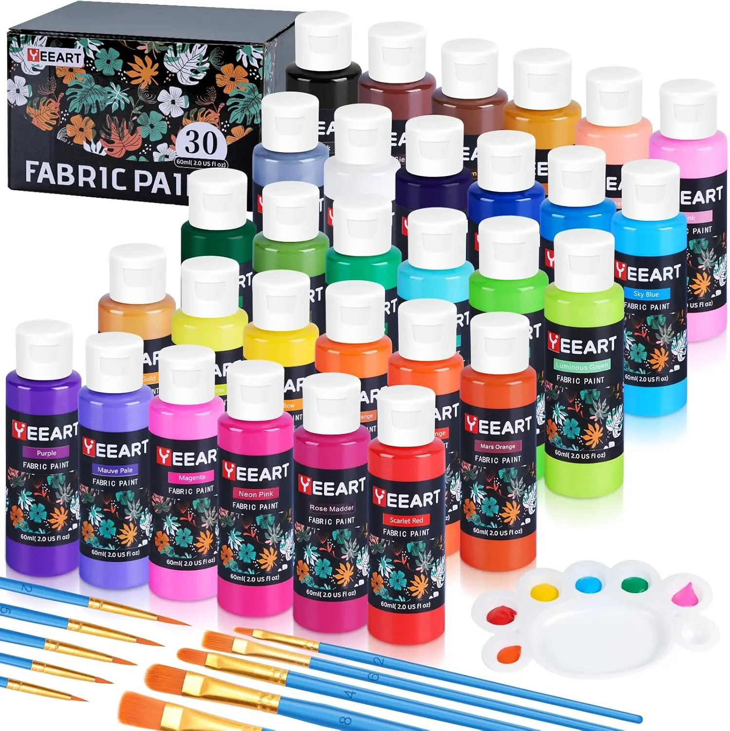 Yeeart Permanent Water-Based Soft Fabric Paint Set - 30 Bright Hues, 60ml Bottles, 10 Brushes, Palette, Certified Safe Non-Toxic, Machine Washable, Waterproof Art Materials for Kids DIY Art & Crafting Supplies (Jeans, T-Shirts Customization), Customizing