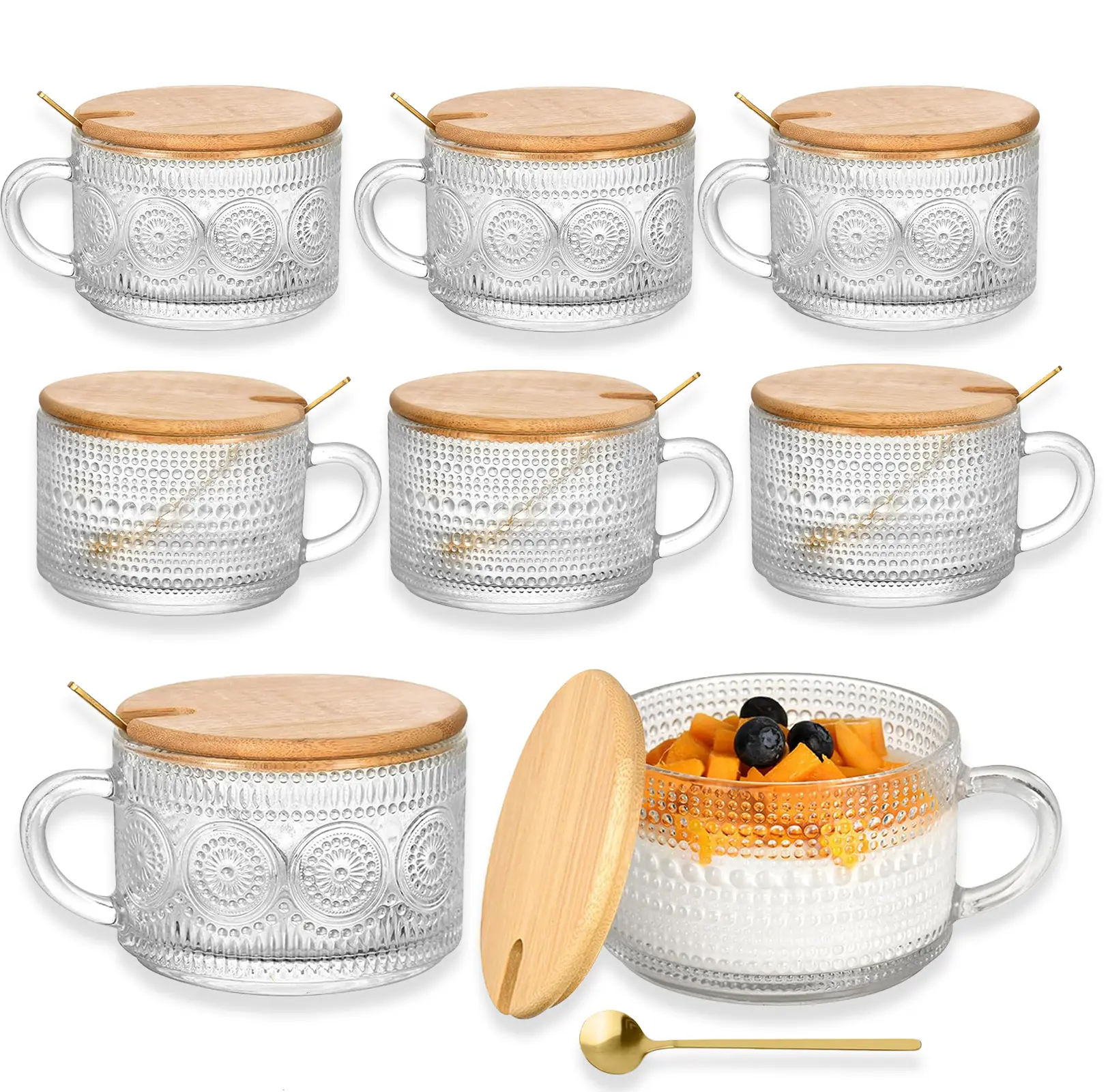 8pcs-Sunflower Water Droplet (414ml) Handmade Retro Glass Coffee Mug, Large-Capacity Portable Metal-Reinforced Washable Reusable Drinkware with Bamboo Lid for Home, Office, Gifts