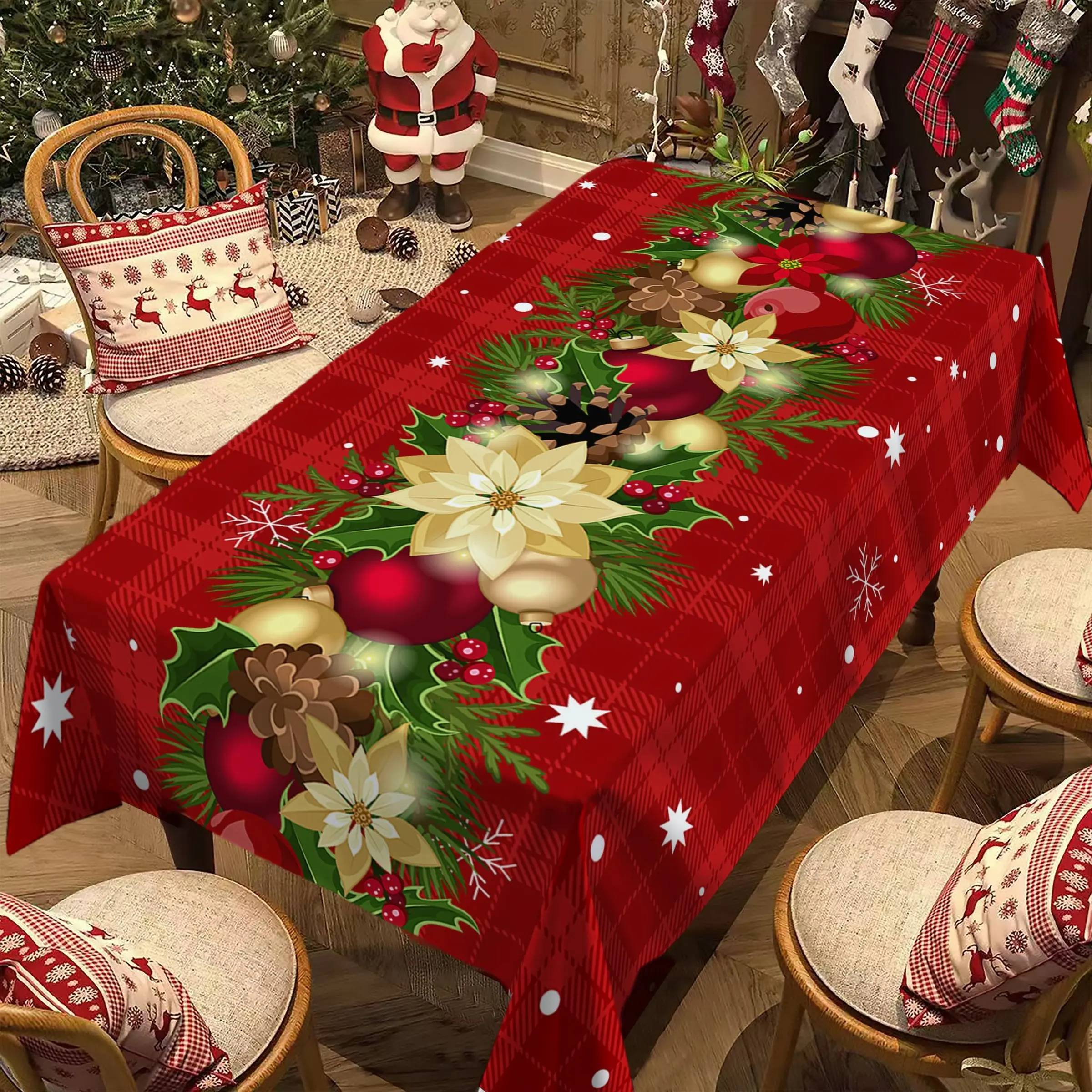 Christmas Rectangular Tablecloth, Poinsettia Christmas Table Decor, New Year Party and Dinner Decoration, Best Christmas Gift