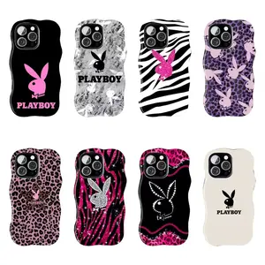 Trendy Playboy Logo Phone Case, Wavy Edge Anti-Scratch TPU Cover, Streetwear Leopard/Zebra Print Protective Shell for iPhone All Models