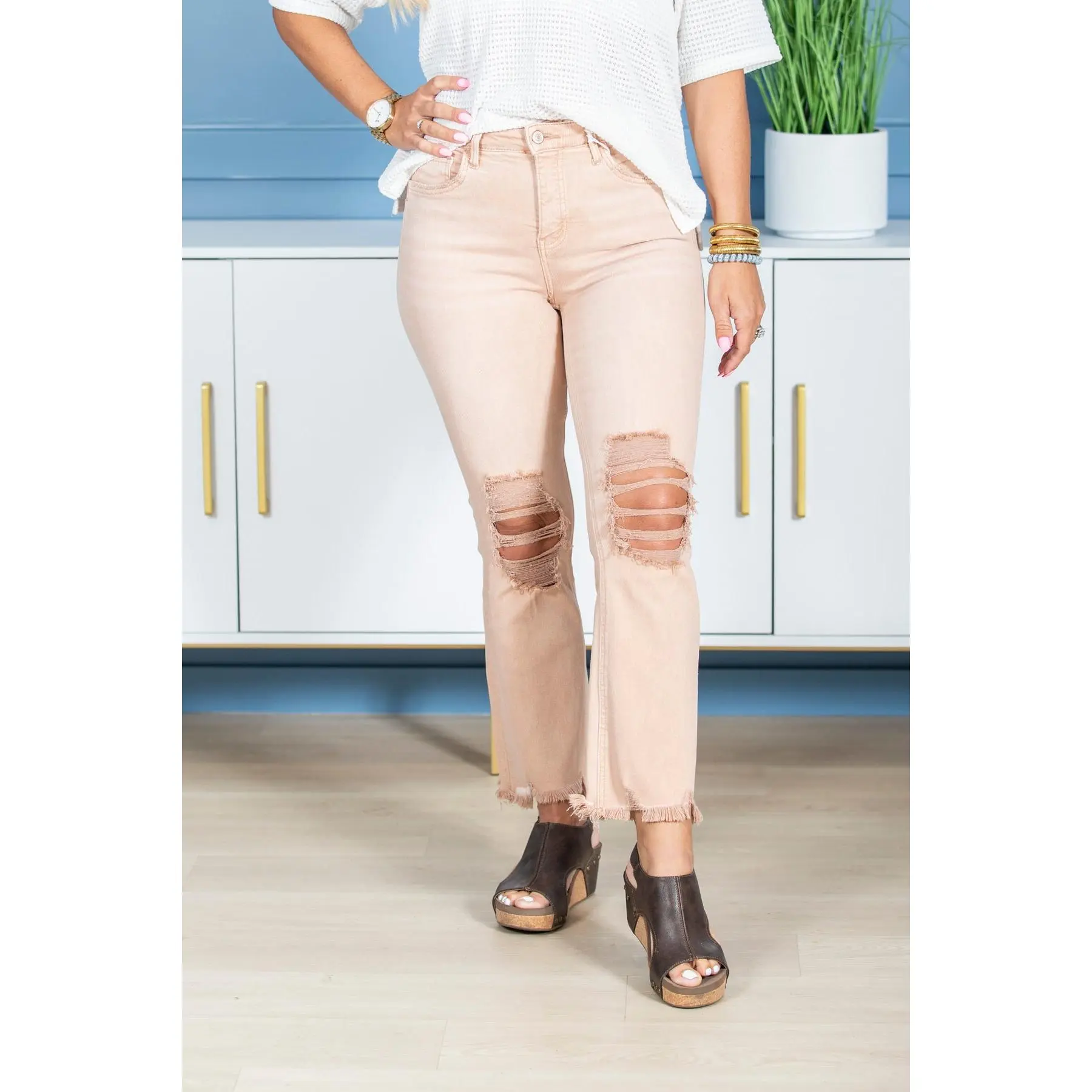 Kali High Rise Flare Pants for Women - Tummy Control Cropped Style in Blush Pink & Moss Green, Petite & Plus Sizes, Spandex, Cotton, Fitted, Bottom, Odd Sizes, True Sizing, Jeans, 20W, Casual, Curvy Bodies, Fit With Curves, Flared, Curvy Fit, High Waist
