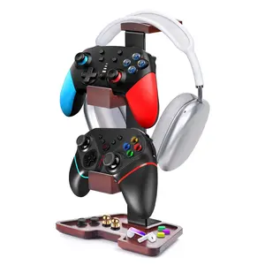 Wooden Controller Stand with Headphone Holder, Desktop Gaming Controller Rack, Dual Controller Storage, Fits Xbox Ps4 Ps5 PC