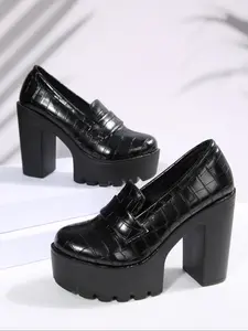 Crocodile Texture Leather Thick Sole Chunky Heel Loafers, Vintage Personalized Platform Shoes, Fashion Versatile Party Single Shoe