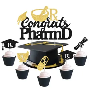 25PCS Congrats PharmD. Cake Cupcake Topper Black Gold, Pharmacist Graduation Hat Cupcake Topper 2026 Glitter Paper Pre-Assemble Congrats Medicine Theme College Graduation Party Decoration