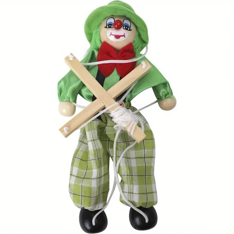 Vintage Wooden Clown Marionette Puppet - Fabric Outfit, Hat, String Toy for 18+ Months Kids, Family Parties, Home Decor (Toys & Hobbies Classic Novelty Item), Colorful Outfit