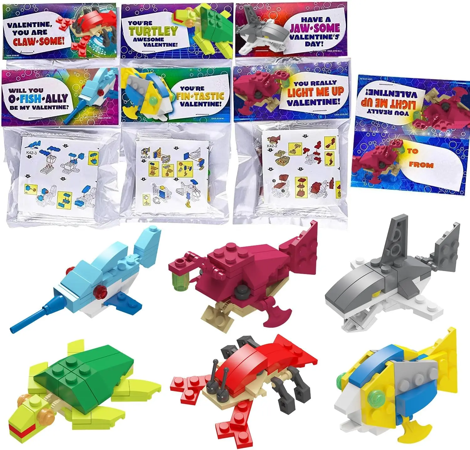 24 Packs Valentines Day Cards with Sea Animal Building Blocks for Valentine Party Favor, Classroom Exchange Prize, Valentine’s Greeting Cards