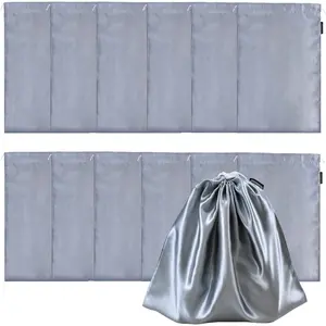 12 count Satin Wig Bags with Drawstring Satin Bag for Packaging Hair Extensions Wigs Soft Silk Pouches Hair Tools Storage Bags for  and Salon (Grey)