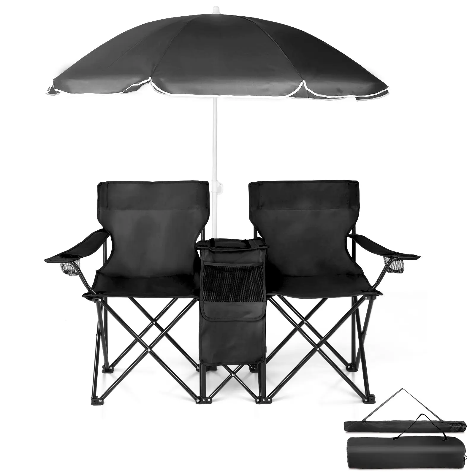HAOYYE Portable 2-Seat Folding Chair with Removable Sun Umbrella, Black, Sturdy Outdoor Camping Bench with Built-In Cup Holders, Lightweight Space-Sav
