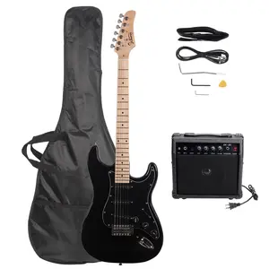 GST Stylish Black Electric Guitar & Speaker Kit with Pickguard for Beginners Basswood Maple 22 Frets 25.5" Scale 20W Speaker Complete Set with Preamp Parametric Amplifier USB Audio Mixer Interface Guitarpicks