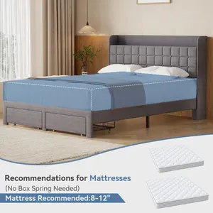 Heavy Duty Upholstered Platform Bedframe with Fabric Upholstered Headboard - Contemporary Furniture, Queen Bed Frame, 2 Metal Storage Baskets, Platform Bed Design