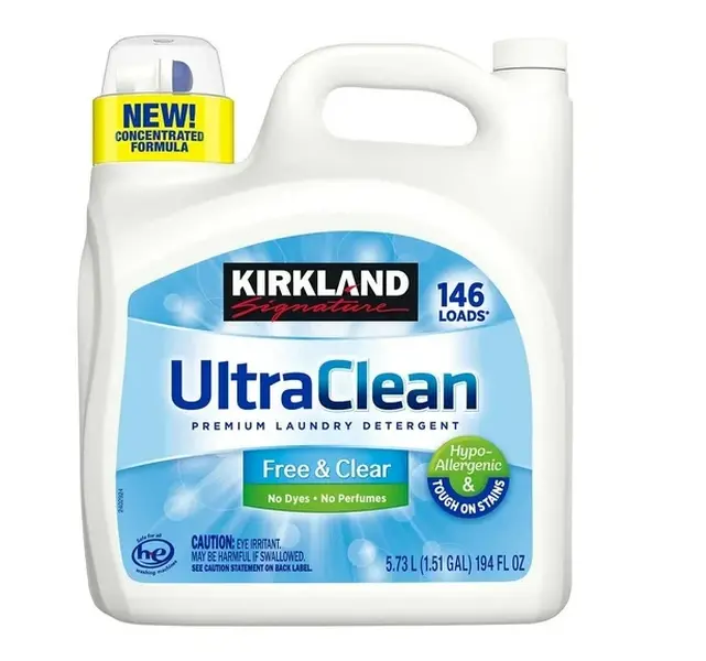 Kirkland Signature UltraClean Liquid Laundry Detergent Free & Clear Unscented 194 fl oz 146 Loads Hypoallergenic Tough on Stains