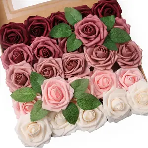 50pcs Artificial Rose Flowers Real Looking Burgundy Ombre Colors Foam Fake Roses with Stems for Red Wedding Bouquets, Bridal Shower Centerpieces, Floral Arrangements, Party Tables, Home Decorations