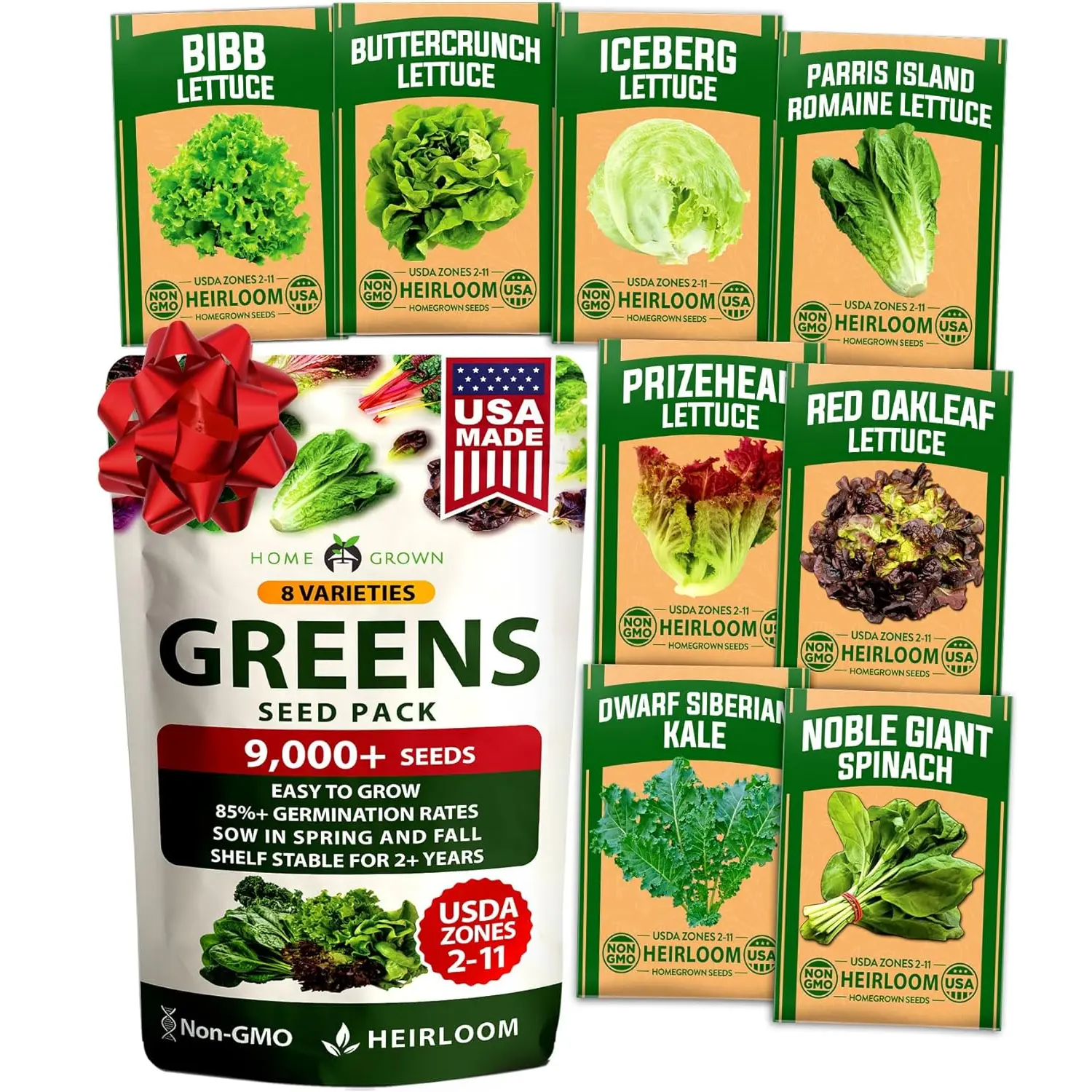 Lettuce, Kale & Cabbage Seeds – Non-GMO Heirloom Vegetable Variety Pack, Salad Greens Mix with Romaine, Butterhead, Iceberg, Leaf Lettuce, Spinach & Kale, for Indoor, Outdoor & Hydroponic Garden Growing