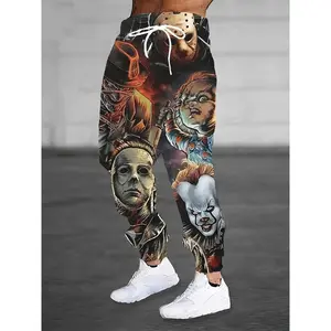 2024 Vintage Horror Movie Print Men'S Casual Sport Pants - Stretchy Fabric, Pocket Detail, Regular Fit, White Sneakers, Horror Movie Character Design, Horror Movie Pants |   Horror Movie Print |   Stretchy Fabric Pants