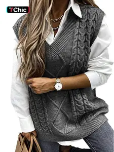 Women's Solid Textured V Neck Sweater Vest, Casual Preppy Cable Knit Pullover for Fall & Winter, Women's Knitwear for Daily Wear, Knit Vest Tops
