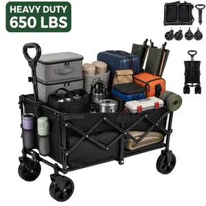 Heavy-Duty Foldable Beach Wagon Cart (650/450/330 lbs) – All-Terrain Camping & Pet Wagon with Steel Frame, 600D Oxford Fabric, Tool Holder, Durable Wheels & Reinforced Handle – No Assembly Required for Beach, Garden, Shopping & Sports – Black