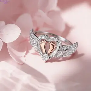 Mommy of an Angel Sterling Silver Ring, Angel Wing & Heart Footprint Design Memorial Jewelry for Women, Sentimental Remembrance Band, Ideal Gift for Mother’s Birthday, Christmas & Angel Baby Memory,summervibes