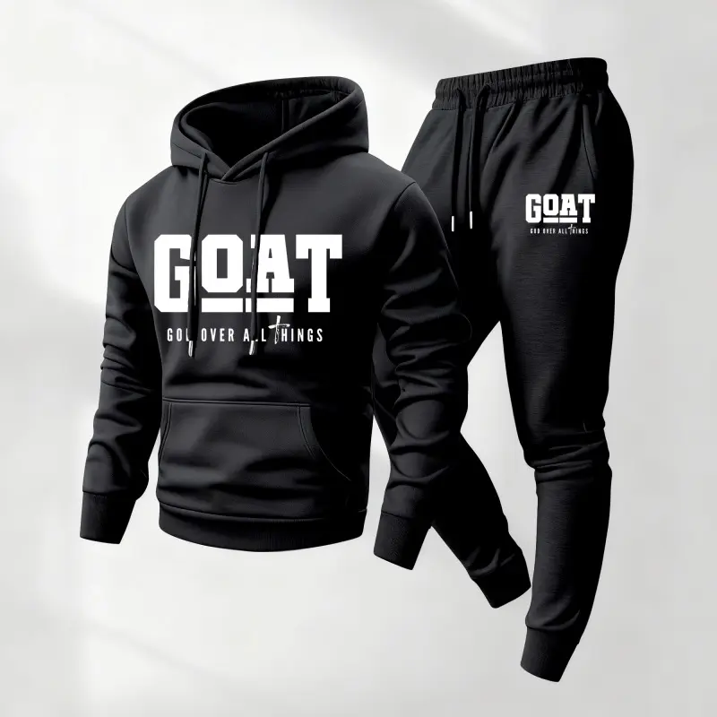 Men's 2-Piece Full Length Long Sleeve Hoodie & Sweatpants Set - Loose-Fit Polyester Athleisure with G.O.A.T Graphic Print, Casual Sporty Chic Fall & Winter Tracksuits, 2XL Lightweight Menswear, Gym, Mensfashion, Casual Wear, Sportswear, Goat Print Power