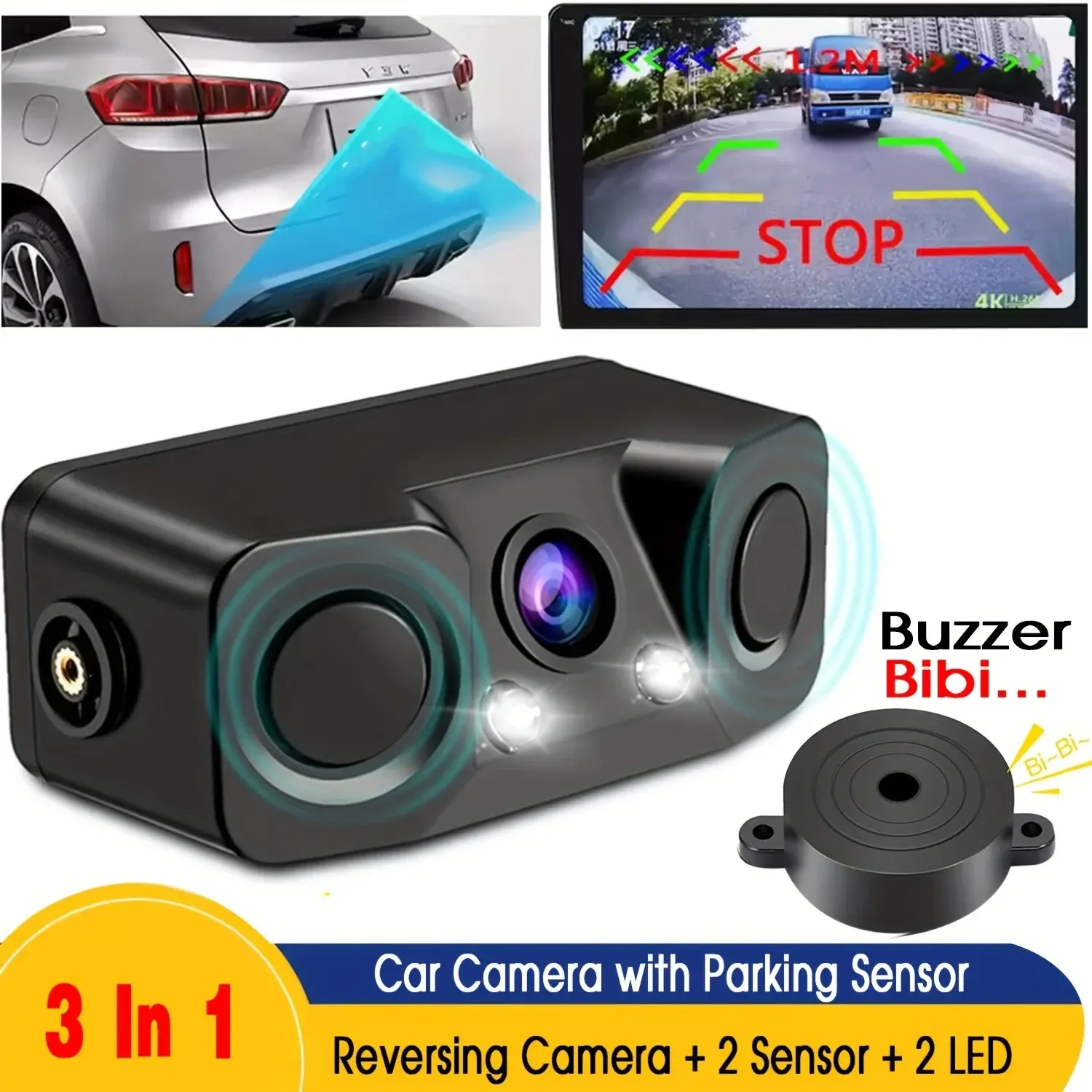 Three-In-One Backup Camera, Integrated Parking Radar, Parking Sensor, License Plate Light, Beeper Alarm, Car Camera, Abs Enclosure Material