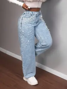 Women's Plus Size Denim Jean, Womenswear Fashion Design Style Pearl Trendy Loose Comfortable Wide Leg Pants, Casual Fitted Bottoms for All Seasons