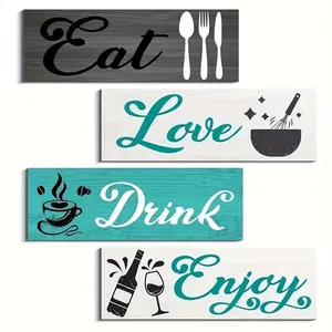 4-Piece Kitchen Wall Decor Wooden Signs, Eat Drink Love Enjoy Design, Farmhouse Style, Home Decoration for Dining Room