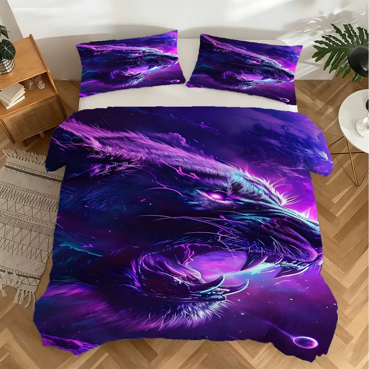 2/3Pcs Neon Purple Galaxy Black Panther Print Duvet Cover Set, Wildlife Theme Bedding Set, Ultra-Soft Microfiber Bedding, Zipper Closure, Suitable for Black Panther Lovers' Bedrooms, Dormitories, and Guest Rooms (Pillow inserts not included).
