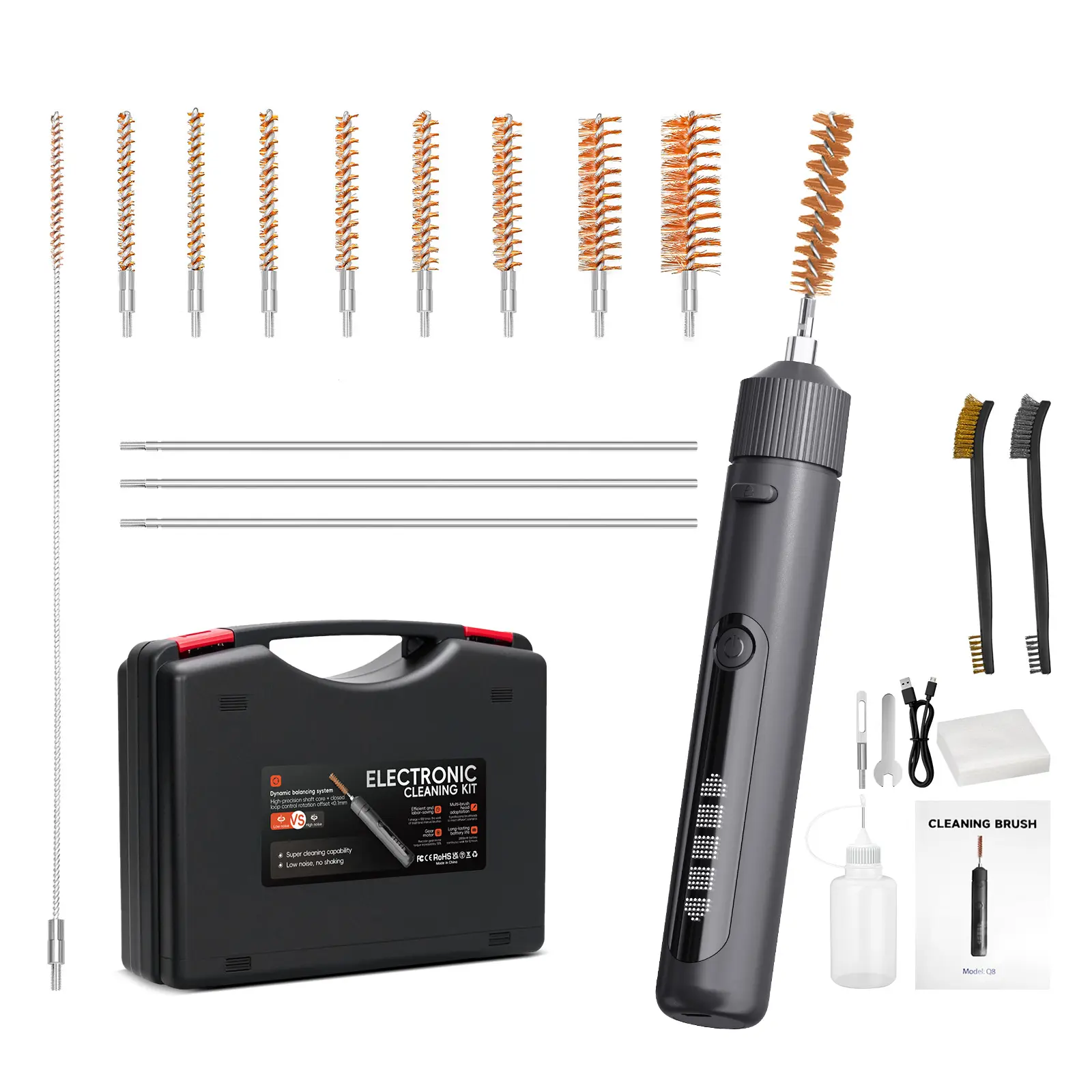 Toolbox-Style Rotary Gun Cleaning Kit. features multiple brass brush heads that effortlessly handle all calibers. With a 2000mAh rechargeable battery and extended runtime, it's the ultimate choice for veterans, hunters, and shooting enthusiasts. Portable