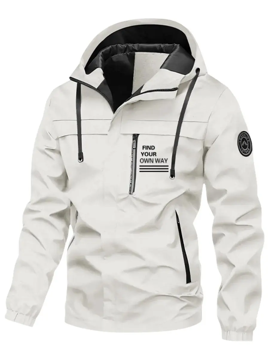 Men's White Waterproof Outdoor Wind Jacket - Detachable Drawstring Hood, Chest "FIND YOUR OWN WAY" Letter Patch, Multi Secure Zip Pockets, Wrinkle-Resistant, Lightweight, Transition Outer Coat for Hiking, Daily Commute, Jeans, Shirts
