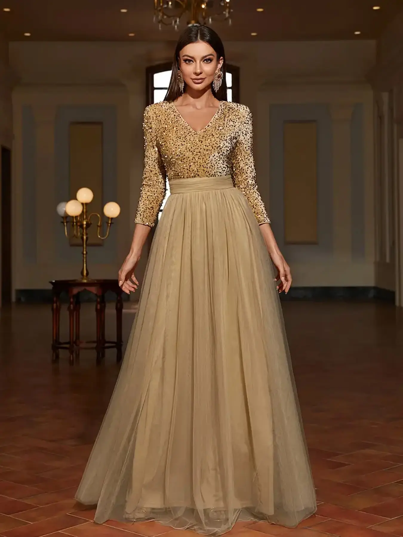 Sequin V Neck Lace Dress, Luxurious Elegant Style, Perfect for Evening Parties, Formal Events, Wedding, Formal Wear