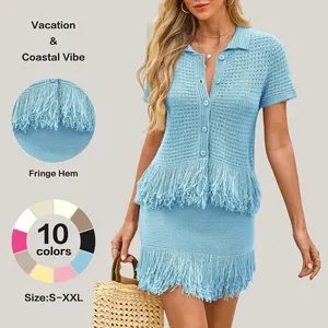Fisoew Womens 2 Piece Crochet Outfits Short Sleeve Button Knit Sweater Tops Fringe Skirt Summer Vacation Sets Beach Cover Ups
