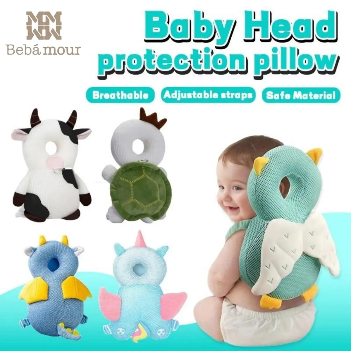 BEBAMOUR Cute Unisex Infant Head Protection Pillow Backpack, Breathable Toddler Cushion with Adjustable Straps, Baby Items for High Chair & Travel