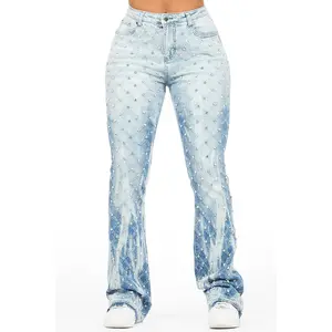 Sareka Light Wash Rhinestone Stacked Flare Jean