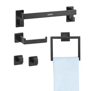 VEVOR Matte Black Bathroom Hardware Set,  5 Pieces Bathroom Accessories Set, Stainless Steel 16 inch Towel Bar, Towel Rack, 2 Robe Towel Hooks, Toilet Paper Holder for Bath Room, Wall Mounted