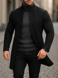 Men's Solid Button-Front Stand Collar Coat, Formal Overcoat, Regular Fit Casual Long Sleeve Outerwear for Fall & Winter, Men's Clothes for Daily Wear