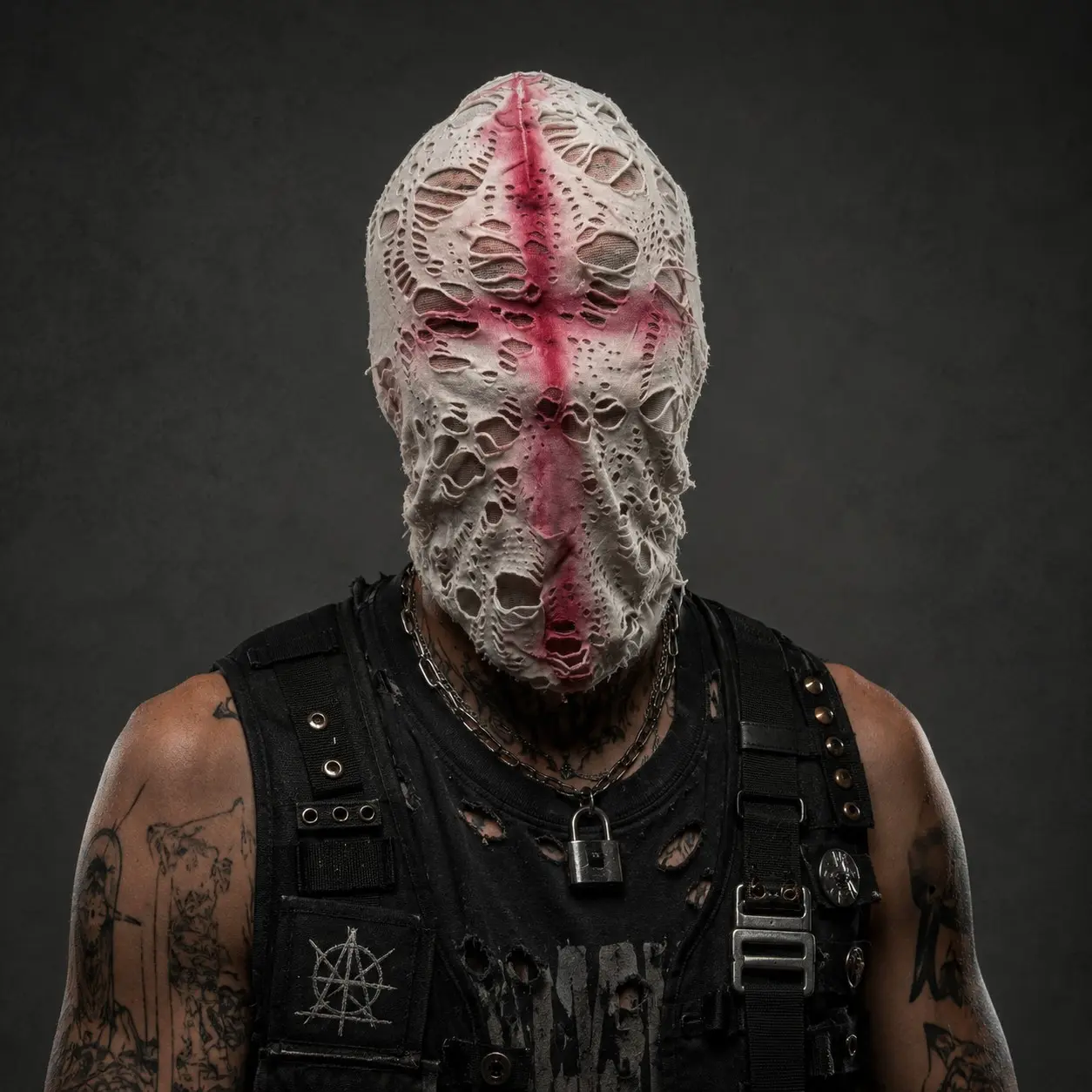 Vintage Distressed Hole Knit Face Mask, Mask Design, Cross Graffiti Full Face Headgear, Cyberpunk Punk Style Festival Hip Hop Ski Warm Face Mask, Party Face Masks