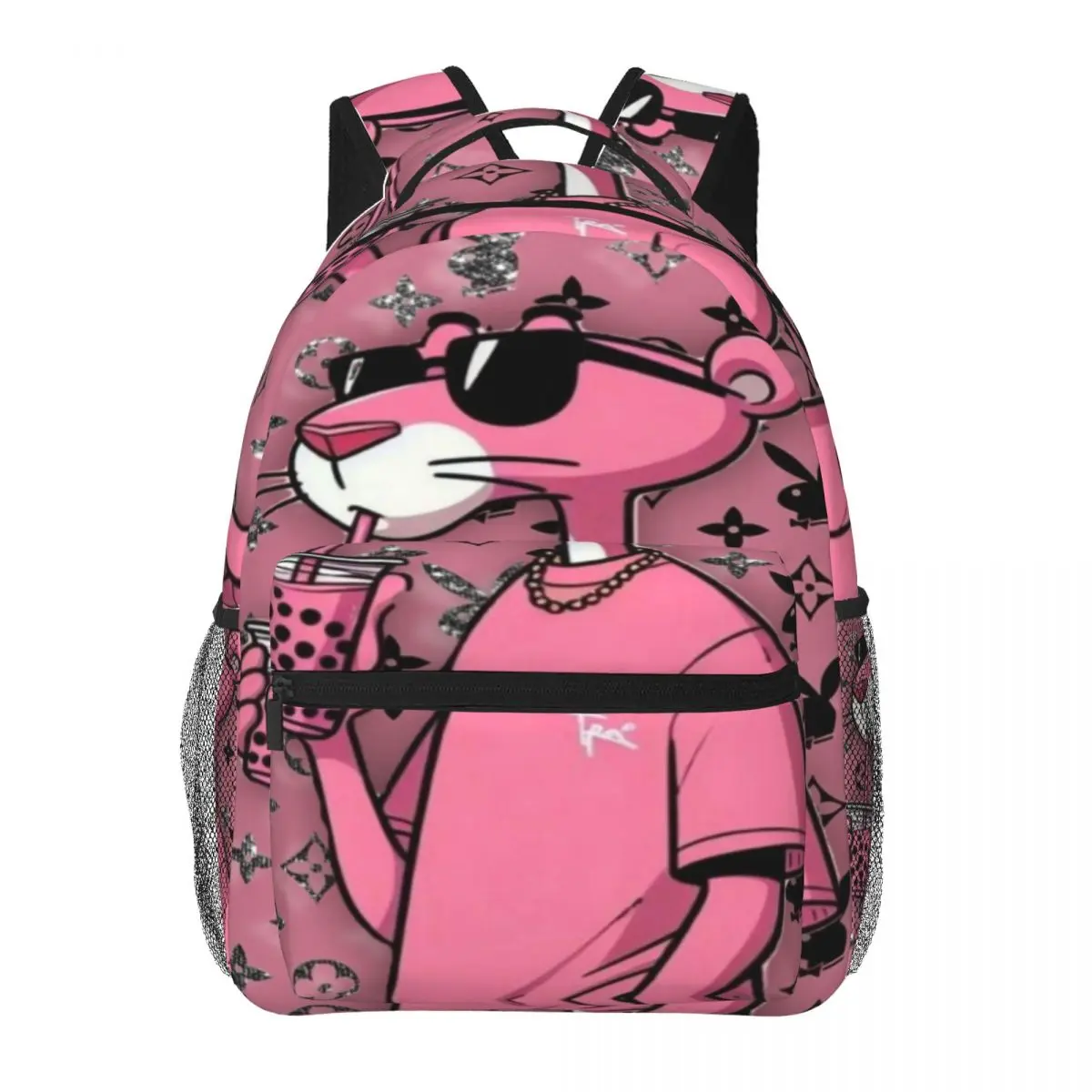 Kids Sunglasses Bubble Tea Pink Panther Backpack for School Large Capacity Full Print Pink Panther Laptop Daypack Campus Daily Commute Durable Lightweight Cartoon School Bag for Teens Students
